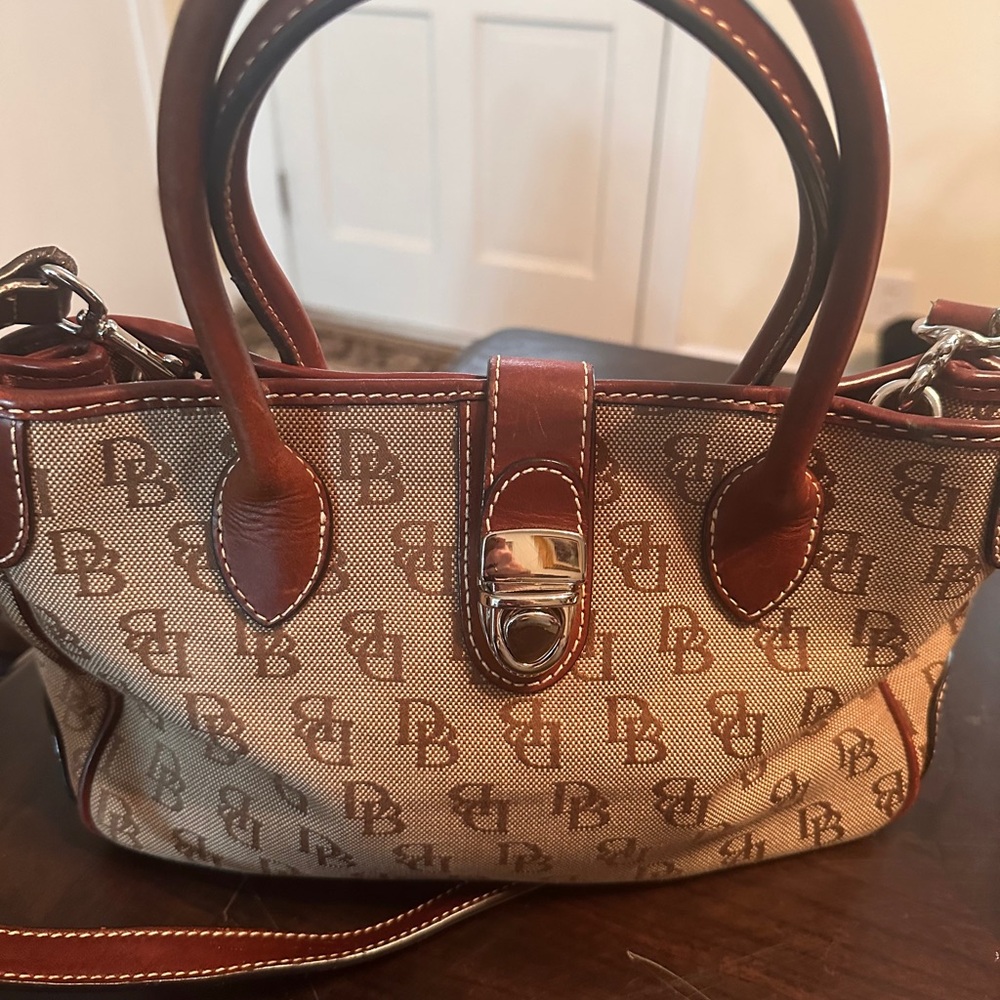 Dooney & Bourke Beige Jacquard Satchel with Brown Leather Trim